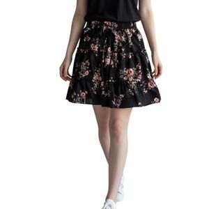 GPHY Women Black Floral Tiered Mini Skirt Elastic Waist Boho Ruffle Size S